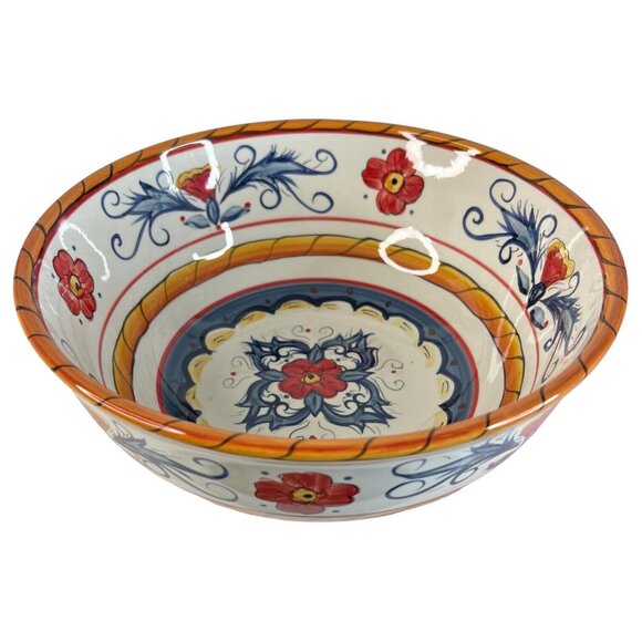 Tabletops Gallery Italiano Large Servng Bowl Red Blue Hand Painted Floral 10 IN - Picture 2 of 8